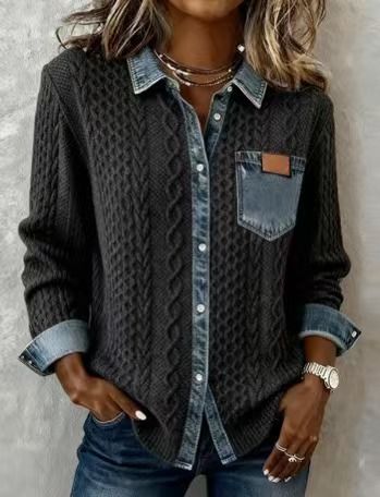2026 New European American Style Knitted Patchwork Denim Shirt For Women, Autumn And Winter Fashion Versatile Long_ecoleips.com