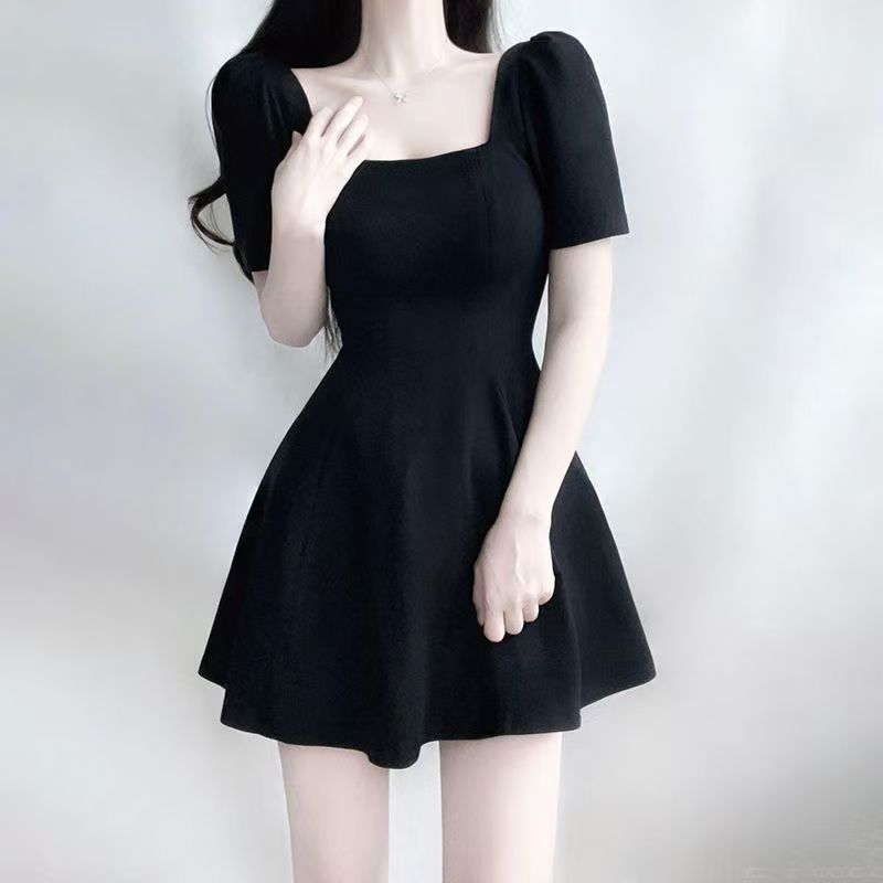 Elegant Short Black Dress Square Collar A-Line Skirt Women's Summer Slimming Hepburn Style High Waist Gown Casual Wear_ecoleips.com