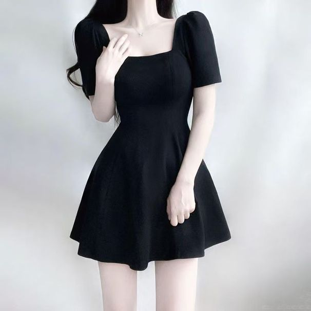 Elegant Short Black Dress Square Collar A-Line Skirt Women's Summer Slimming Hepburn Style High Waist Gown Casual Wear_ecoleips.com