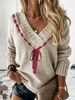 Women's Clothing Soft Ribbon V-Neck Knit Sweater For Women, Lightweight Pullover With Comfortable Fall & Spring Wear, Casual Long Sleeve Top In Khaki_ecoleips.com