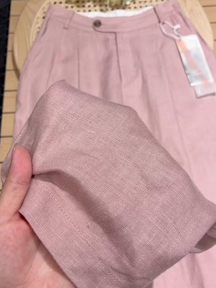Suitable For All Seasons Foot Basin Country 2025 Summer Pink Tencel Wide-Leg For Women Cotton Linen Straight High-Drape Pants_ecoleips.com