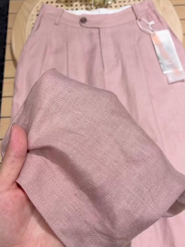 Suitable For All Seasons Foot Basin Country 2025 Summer Pink Tencel Wide-Leg For Women Cotton Linen Straight High-Drape Pants_ecoleips.com