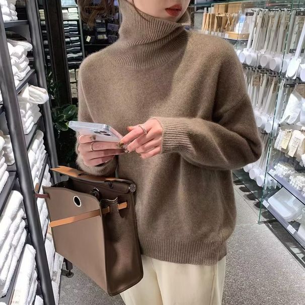 Women's Clothing Oversized High Neck Sweater - Soft & Warm Knit Pullover, Casual Loose Fit, Solid Color Winter Fashion_ecoleips.com