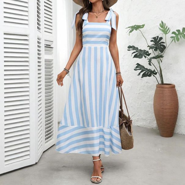 Women's Clothing High-Waisted Striped Patchwork Maxi Dress Spring/Summer Thin Lightweight Fresh Style_ecoleips.com