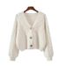 Women's V-Neck Cable Knit Cardigan – Soft & Cozy Oversized Sweater (Camel/White/Rouge, One Size Fits Most)_ecoleips.com