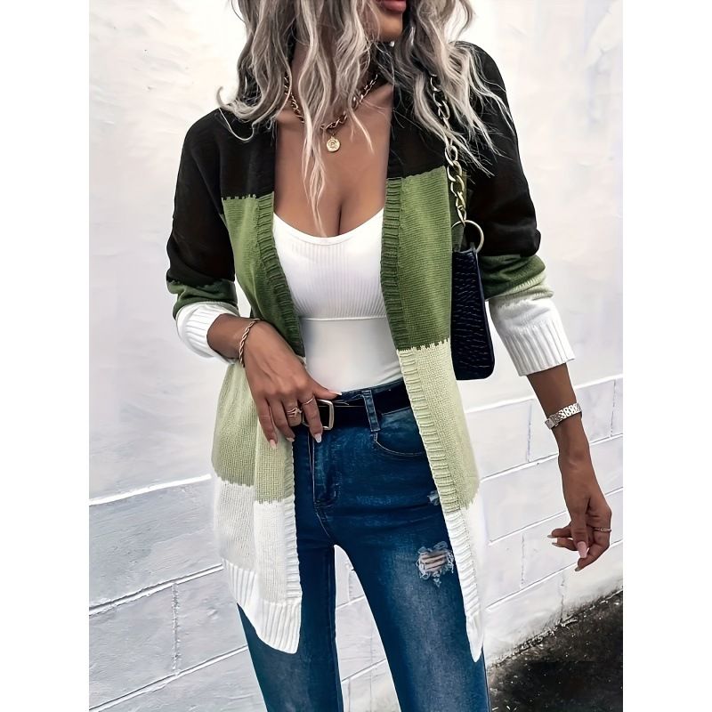 Autumn And Winter Design Mid-Length Knitted Cardigan Contrast Patchwork Sweater Jacket_ecoleips.com