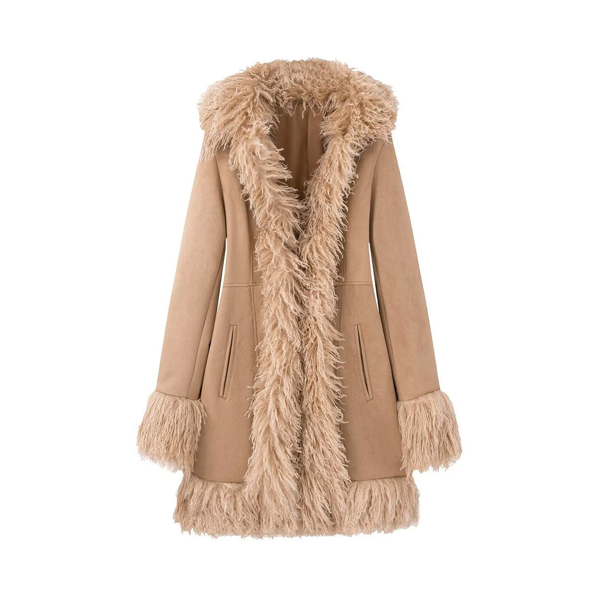 Suede & Faux Fur Trim Long Coat – Elegant Winter Outerwear For Women (S/M/L, Oversized Lapel & Flared Sleeves)_ecoleips.com