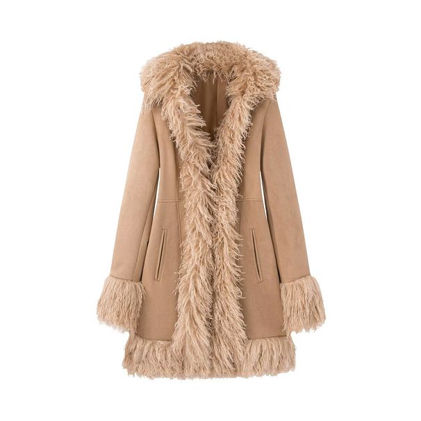 Suede & Faux Fur Trim Long Coat – Elegant Winter Outerwear For Women (S/M/L, Oversized Lapel & Flared Sleeves)_ecoleips.com