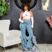 Fringe Hem Flared Jeans For Women, Boho Chic Distressed Bootcut Denim Pants With Side Slits, Stretchy Comfort From S To 2XL_ecoleips.com