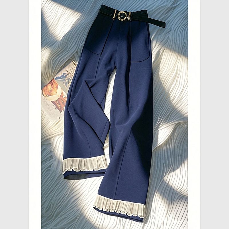 Women's Clothing Elegant Oversized Navy Blue Lace-Trimmed Wide-Leg Pants For Petite Women - Comfortable & Stylish Casual Lounge Pants_ecoleips.com