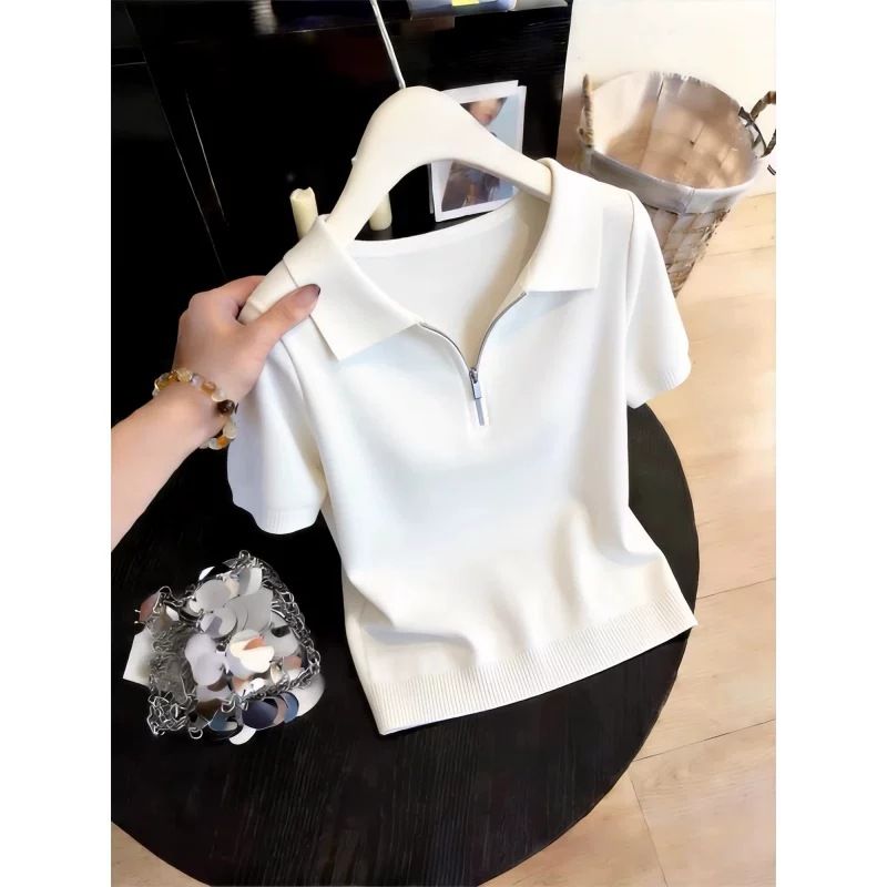 Women's Trendy White Polo Collar Half Zip Knit Top Short Sleeved Slim Fit Summer Design_ecoleips.com