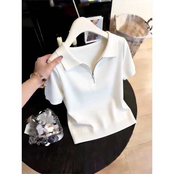 Women's Trendy White Polo Collar Half Zip Knit Top Short Sleeved Slim Fit Summer Design_ecoleips.com