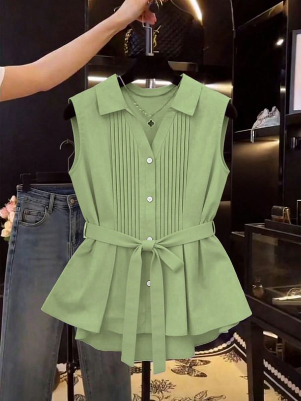 Women's Clothing Summer Light Blue Women's Elegant Pleated Sleeveless Shirt With Collar And Belted Style Cross Border E-commerce_ecoleips.com