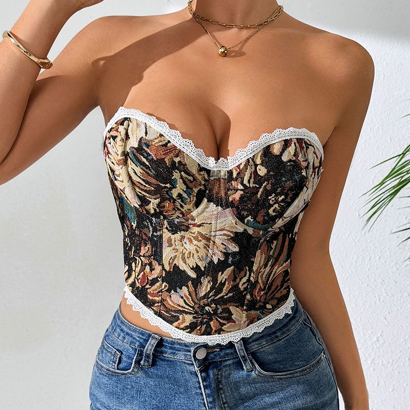 Sexy Fishbone Bra Retro Vest Cross Strapless Printed Tie-Up Top For Hot Girls Women's Clothing_ecoleips.com