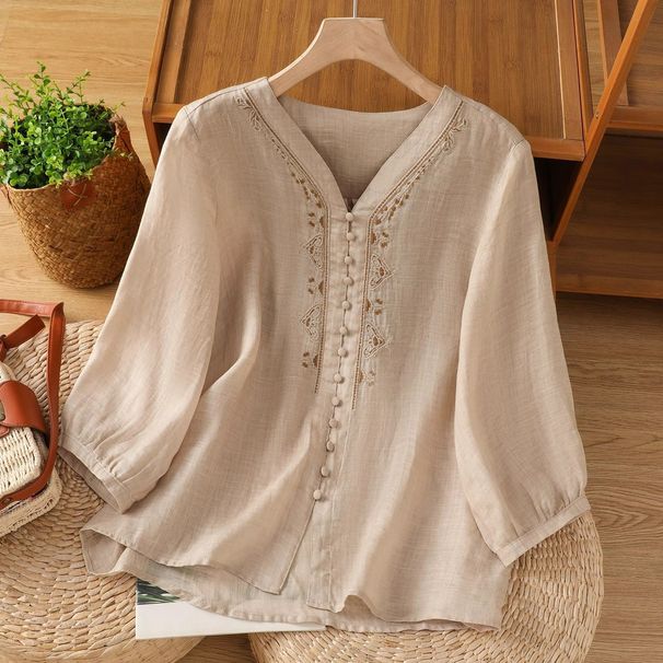 Artistic Vintage Cotton-Linen Embroidery Design Half-Sleeve Top Summer V-Neck Versatile Loose Belly-Covering T-Shirt For_ecoleips.com