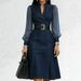 Women's Denim Shirt Dress With Stand Collar, Slim Fit Waist Belt, 2024 Spring Summer Casual Long Sleeve Jean Dress_ecoleips.com