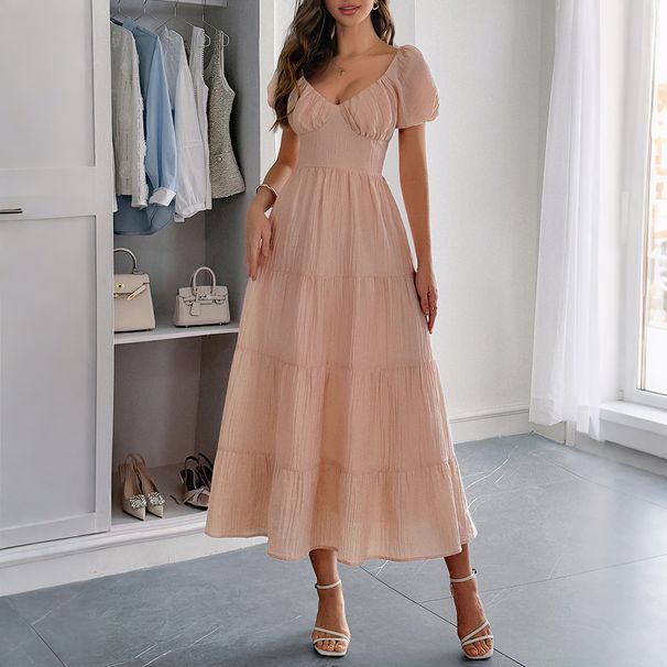 DiYun European And American Casual Vacation Waist-Cinching A-Line Long Dress Women's Clothing 2025 Summer_ecoleips.com