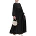 In Stock Cross-Border Muslim Women's Robe Spring Summer Long Loose Casual Puff Sleeve Solid Color Wooden Button Dress_ecoleips.com