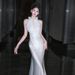 French Satin Light Wedding Niche High-End Halter Forest Style Outdoor Gown Super Fairy White Mermaid Reception Dress_ecoleips.com