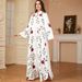 Muslim Dress Women Elegant Arabian White Printed Robe - Modest Long Sleeve Dress For Women, Flowy Maxi Dress With Cultural Embroidery_ecoleips.com
