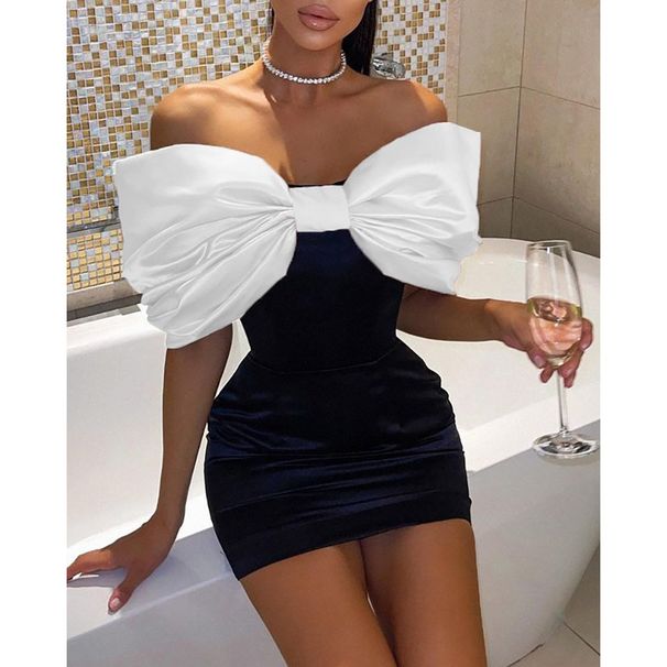 New In-Stock Spring European And American Women's Fashion Off-Shoulder Bow Tight Birthday Party Mini Dress_ecoleips.com