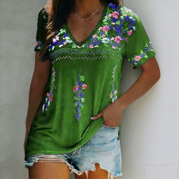 2026 New European & American Women's Summer Collection | Bohemian Printed V-Neck Short Sleeve T-Shirt_ecoleips.com