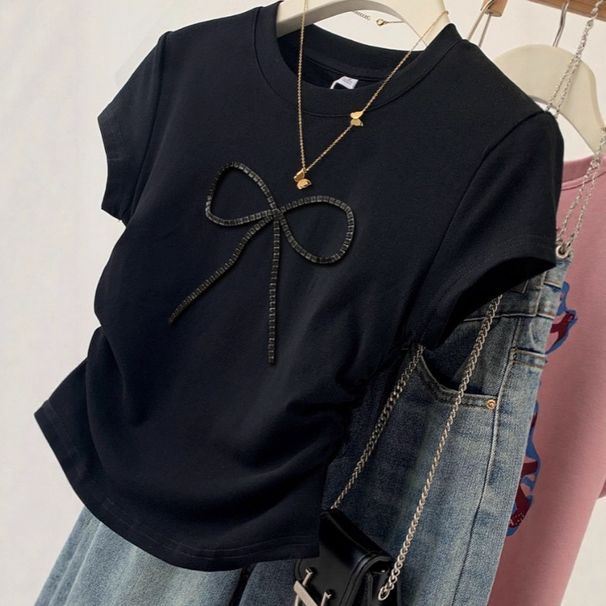 Summer Black Ruched T-Shirt Women's French Style Base Layer Top Bow Knot Short Sleeved with Shoulders Cross Border_ecoleips.com