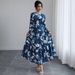 Women's Clothing Blue Long Sleeved Round Neck Dress New Temperament Waist Tie Slim Big Swing Printed Mid Length Skirt_ecoleips.com