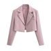 Women's Clothing High Grade Solid Color Buttonless Short Suit Jacket Autumn Temperament High Waist Shoulder Pad Long Sleeve Small Suit Top_ecoleips.com