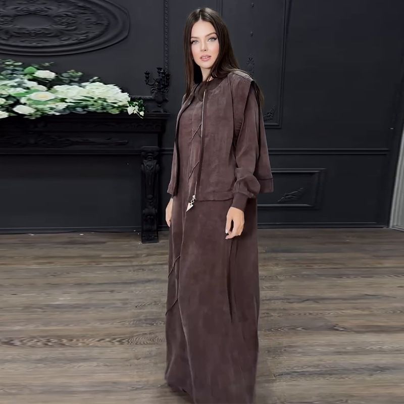 Modest Set Effortless Elegance: Women's Solid Color Zip-Front Lounge Dress Set – Long Sleeve Maxi Dress With Relaxed Fit (Black/Dark Brown)_ecoleips.com