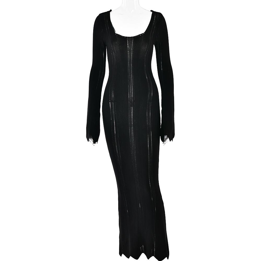 Fashion Women Long Sleeve U‑Neck Knitted Dress Sexy Slim Bodycon Open Back Elegant Long Maxi Dress_ecoleips.com