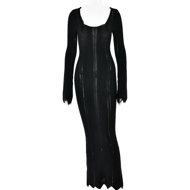 Fashion Women Long Sleeve U‑Neck Knitted Dress Sexy Slim Bodycon Open Back Elegant Long Maxi Dress_ecoleips.com
