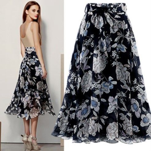 2025 Summer New Floral Chiffon Midi Skirt With Large Hem_ecoleips.com