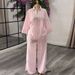 Women's Summer Lounge Set - Pink Striped Notch Collar Shirt With Wide Leg Trousers_ecoleips.com