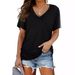 Women's Solid Color Batwing Sleeve T-Shirt V Neck Short Side Ruffled European And American Style Cross Border Fashion 2025 New Arrival_ecoleips.com