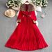 Premium French Style Long Sleeved Beaded Sequins Trim Slimming Pleated Design Dress for Women Perfect for Summer 2025_ecoleips.com