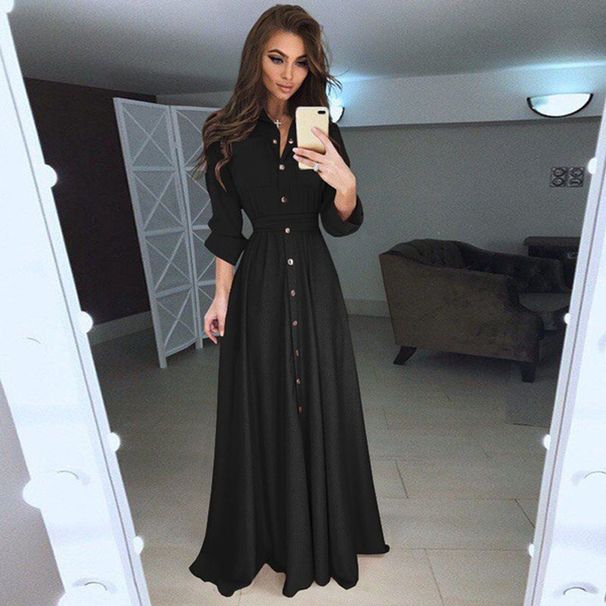 Women's Clothing Fit Long Sleeve Long Row Button Maxi Dress Lace Up Dress_ecoleips.com