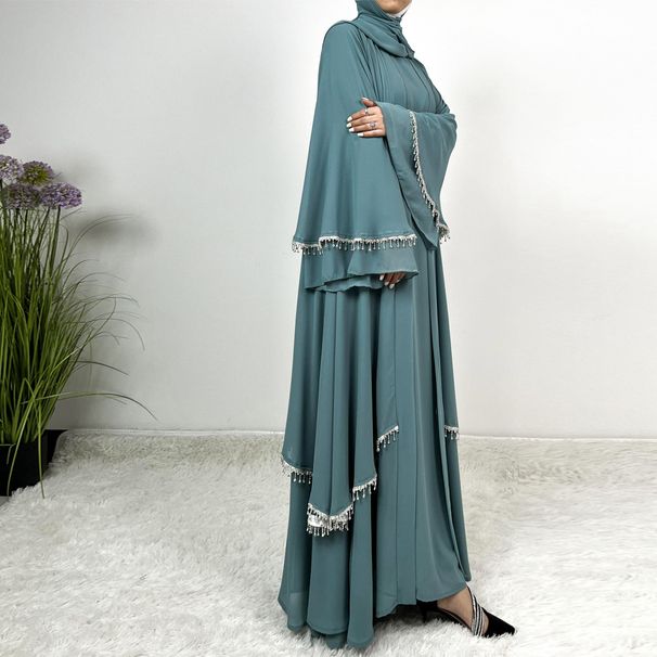 Women's Clothing New Chiffon Diamond Stripe Big Trumpet Sleeve Long Skirt Robe Dress Female Cardigan Suit National Costume 4618_ecoleips.com