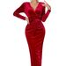 Voya Women's Socialite Style Red Dress Autumn And Winter V-neck Elegant Dress Velvet Mid Length Dress Dinner Dress_ecoleips.com