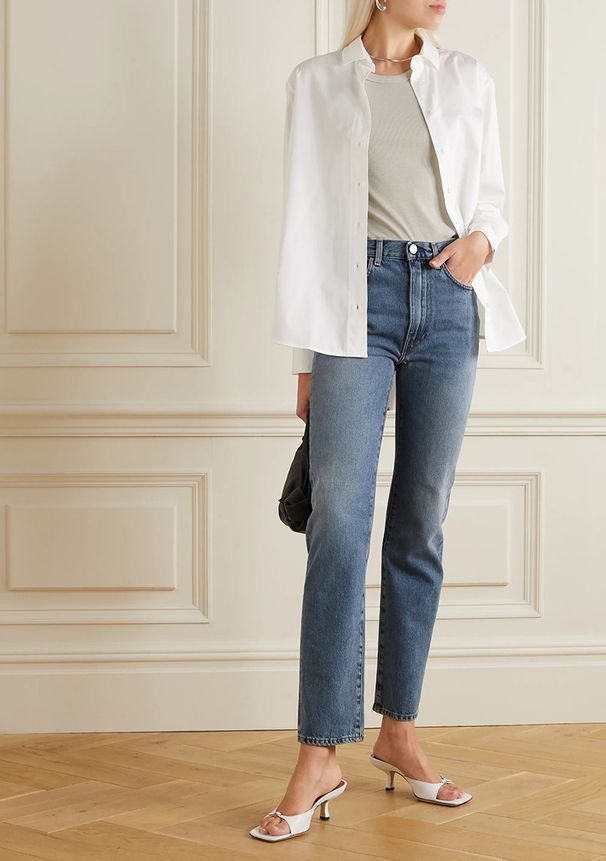 Women's Clothing Gray And Dark Blue High Waist Straight Nine Point Jeans For Women In Autumn With Asymmetric Trouser Legs_ecoleips.com