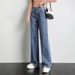 High Waist Stretch Denim Pants For Women - Relaxed Fit Straight Leg Cropped Jeans With Vintage Wash (Light Blue/Dark Blue)_ecoleips.com