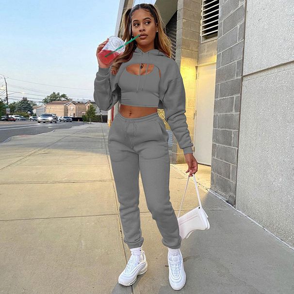 Women's 3 Piece Set Hooded Fleece Sweatshirt Long Pants Vest Long Sleeve Trendy European American Style_ecoleips.com