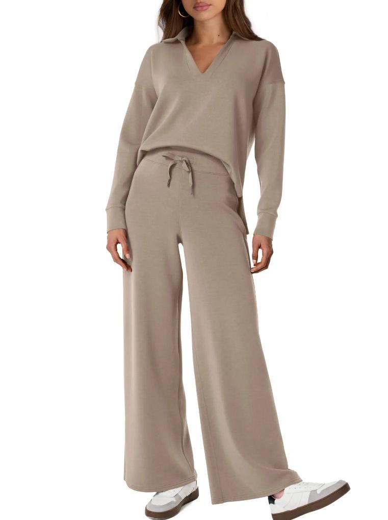 Women's Clothing New Fashion Women's Two Piece Casual Long Sleeved Trousers Sportswear Wide Leg Pants Suit_ecoleips.com