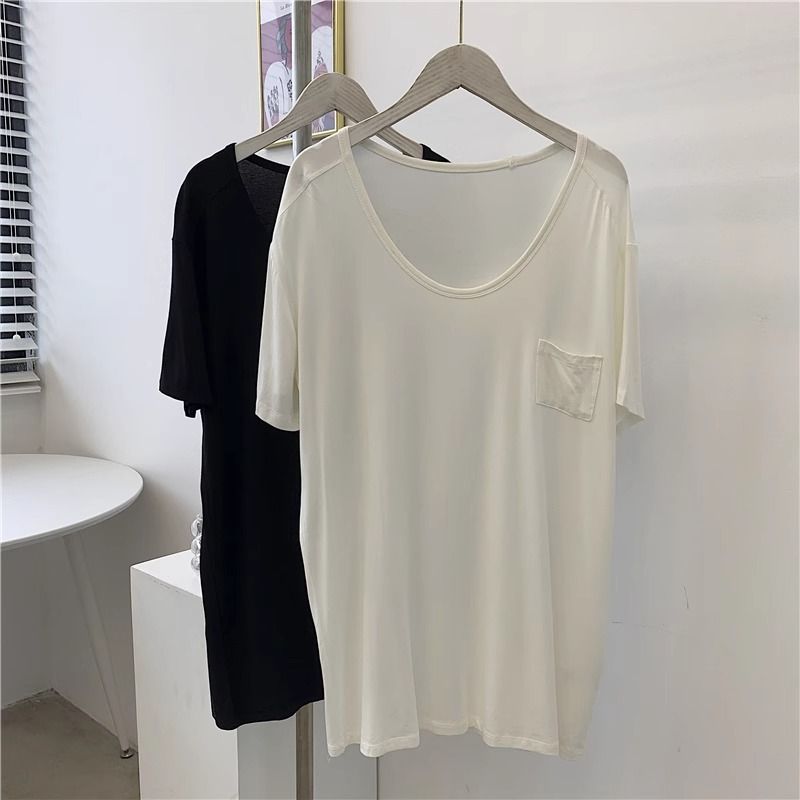 Women's Clothing Withdrawal Modal Pocket Large Round Neck T Shirt Women's Drape Solid Color Slim All Match Top_ecoleips.com