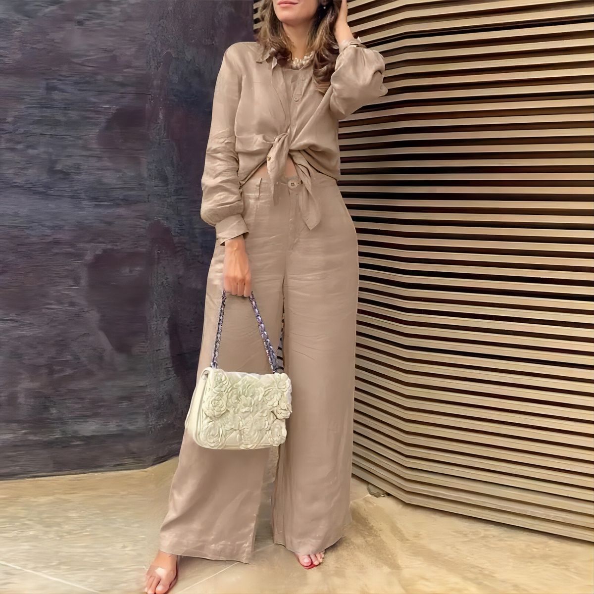 Women's Clothing Abaya Modest Set Shirt Wide Leg Pants Autumn Relaxed Lounge Set – Notch Collar Shirt & Wide-Leg Pants In Khaki/Navy/Purple (S-5XL)_ecoleips.com