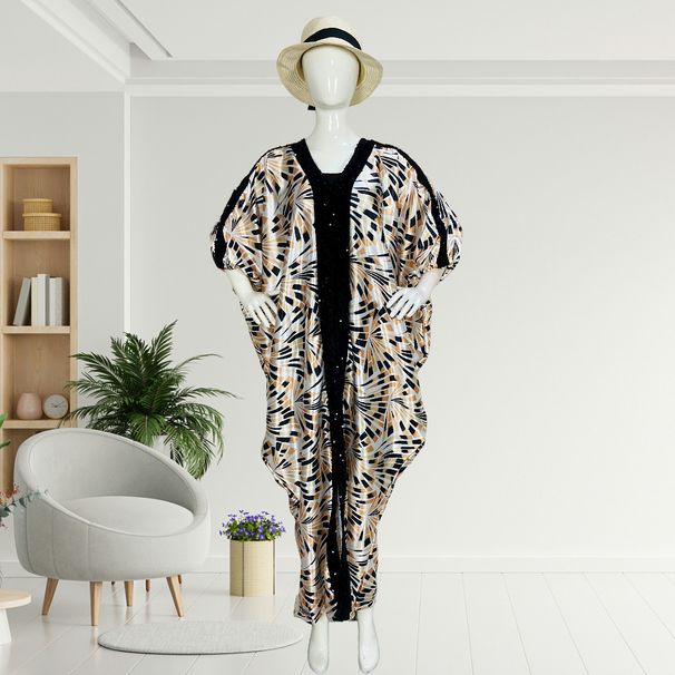 Muslim Patchwork Printed Robe Hot Sale Loose Printed Sequined V Neck Dress_ecoleips.com