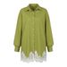European American Design Green Women's Cotton-linen Suit, Long-sleeve Lace Patchwork Collared Shirt Top And Shorts_ecoleips.com