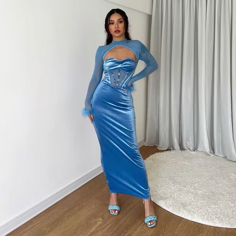 Women's Clothing autumn women's new plush mesh splicing nightclub style hollow long skirt slim dress_ecoleips.com