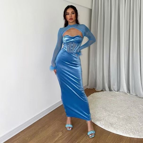 Women's Clothing autumn women's new plush mesh splicing nightclub style hollow long skirt slim dress_ecoleips.com