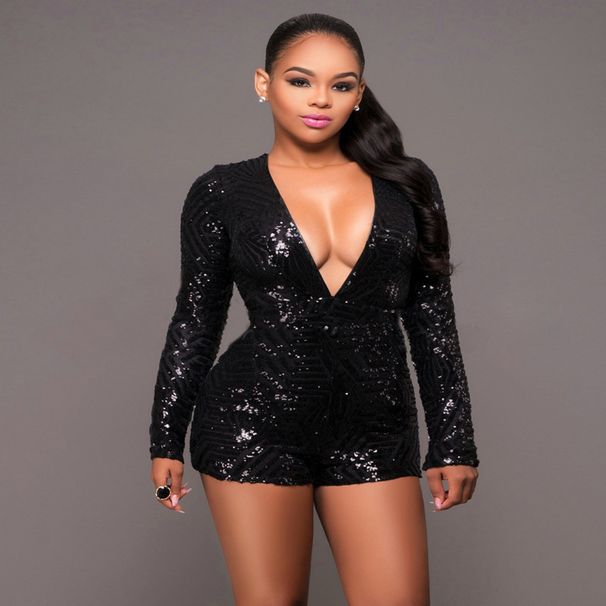 Women's Clothing Sequin Two Piece Shorts Deep V Neck Backless Long Sleeved Zipper Temperament Sexy Jumpsuit_ecoleips.com